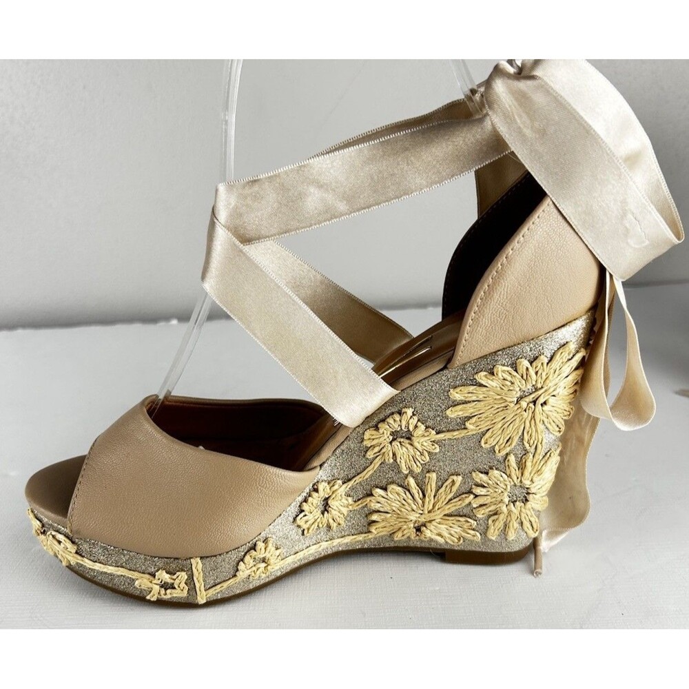 Vizzano Nude Raffia Embellished Wedge Sandals Ribbon Lace Up size 6 New - Other